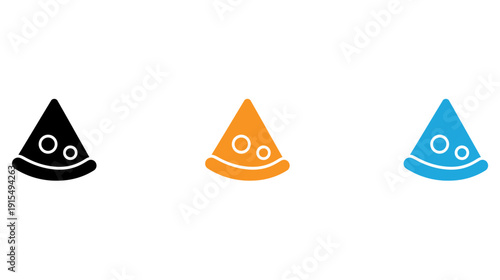 Three stylized witch hats with unique facial expressions in different colors isolated on transparent background, Vector