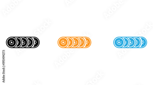 Three stylized circular progress indicators with varying color schemes and designs isolated on transparent background, Vector