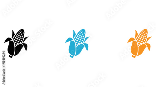 Three stylized and color-coded corn cob icons with distinct designs. isolated on transparent background, Vector