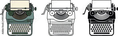 Vintage typewriter silhouette & Outline and illustration set isolated on transparent background