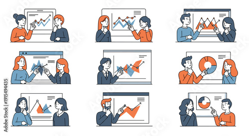 A collection of nine scenes showing pairs of colleagues collaborating and analyzing business data on graphs and charts.