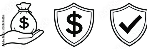 Hand Holding Money Bag and Shield Icons Representing Financial Security and Protection Keywords: money bag, hand, shield