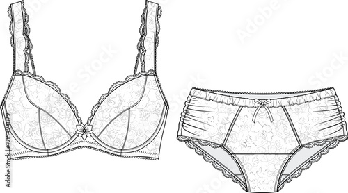 Lace Lingerie Set Illustration Featuring Floral Bra and Panties Elegant Underwear Fashion Vector Design