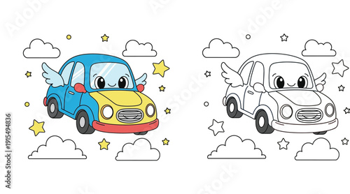 Cute cartoon flying car with wings in the sky with clouds and stars. Coloring page vector illustration of a magic automobile. Outline and colored version for kids.