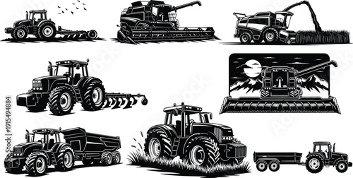 Agricultural Machinery Silhouettes Featuring Tractor Combine Harvester Farm Equipment and Rural Farming Vector Illustration Collection