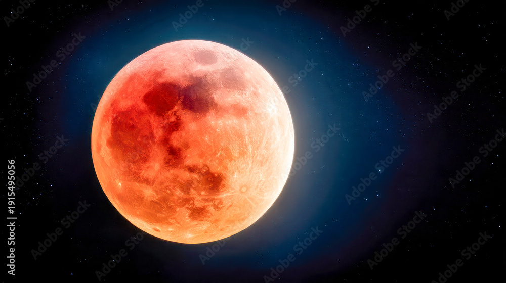 Fototapeta premium Stunning vivid full lunar eclipse with bright red-orange moon glowing against a dark starry night sky in stunning outer space scenery