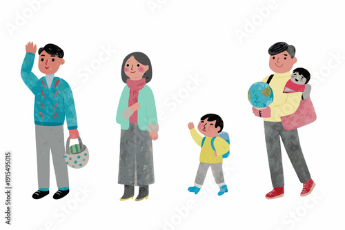 Illustration of a family of four including a baby waving and standing together
