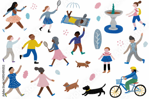 A playful illustration depicting diverse people enjoying a sunny day with various summer activities