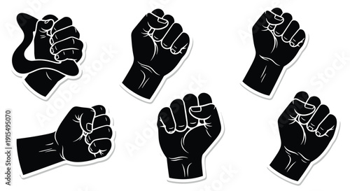 A collection of six powerful raised fists illustrated in a bold black and white sticker style, symbolizing protest, strength, and solidarity.