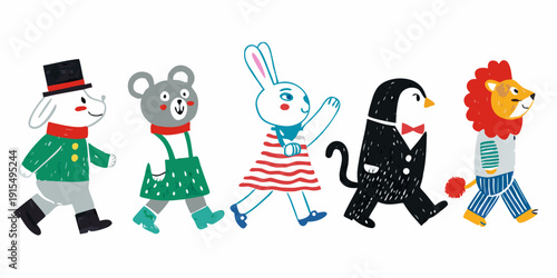 A whimsical illustration of five animal characters walking in a row dressed in charming outfits