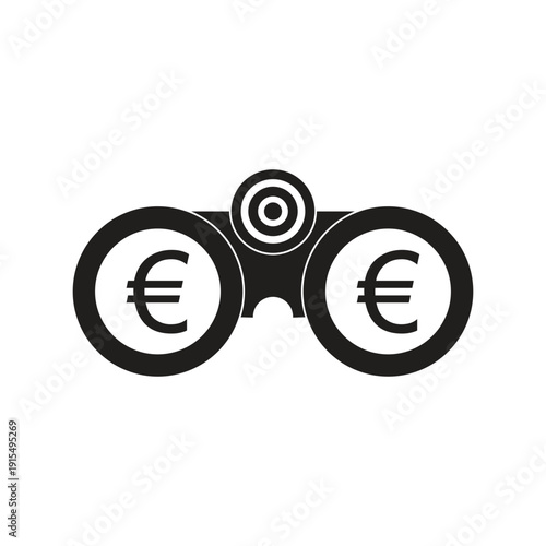 Black binoculars icon with euro currency symbols for financial market monitoring and investment vision concept
