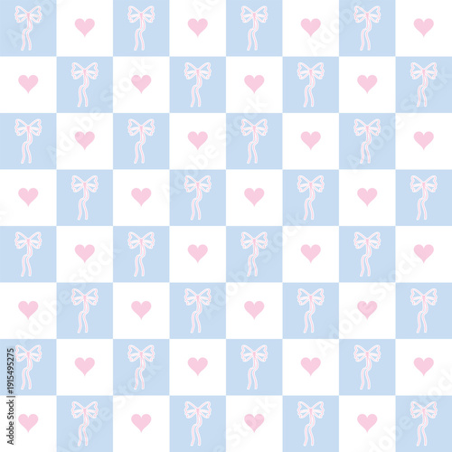 Pastel Blue and White Checkered Seamless Pattern with Pink Coquette Bows and Hearts