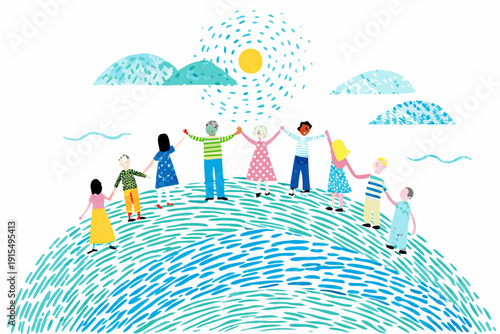 A diverse group of people hold hands in a circle with a bright sun and rolling hills in the background