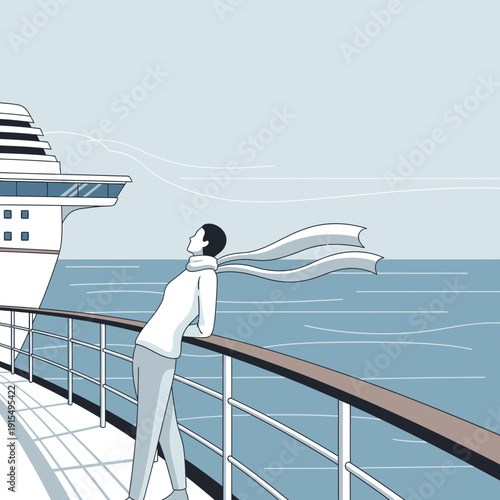 Serene Voyage Contemplation Aboard Majestic Cruise Ship With Flowing Scarf