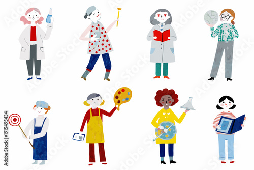 Diverse women representing various professions and roles in a colorful illustrated arrangement