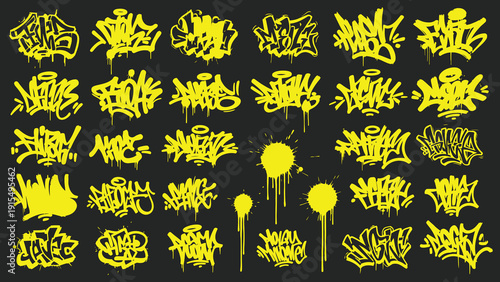 A collection of vibrant yellow graffiti tags on a black background