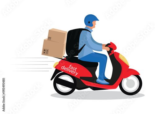 Professional courier riding red scooter for fast delivery service with cardboard boxes and motion effect