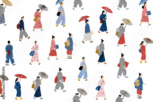 A pattern of stylized figures in traditional japanese clothing walking with umbrellas