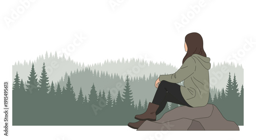 Serene Woman Contemplating Vast Forest Landscape From Rocky Perch