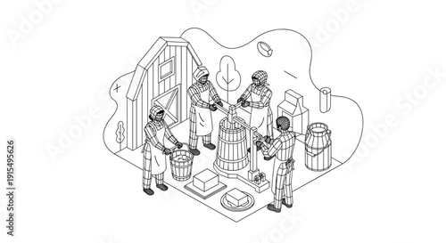 Isometric line art illustration showing traditional cheesemaking, with artisans working together using a classic wooden cheese press and equipment.
