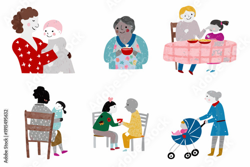 Illustration depicting various generations of women sharing meals and caring for babies in different settings