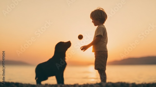 Labrador puppy with children, A young boy playing fetch with a black dog at sunset on a beach, creating a serene and joyful moment.