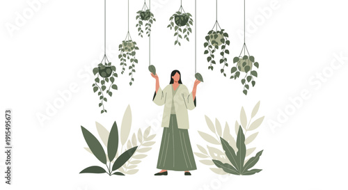 Serene Woman Embracing Lush Greenery In A Botanical Oasis