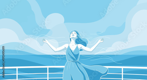 Serene Woman Embracing Oceanic Breeze on Cruise Ship Deck
