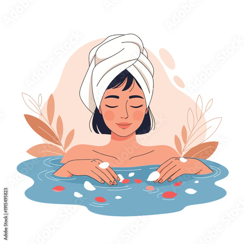 Serene Woman Indulging In A Relaxing Bath With Floating Petals