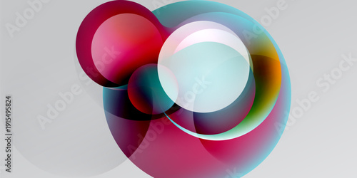 Abstract colorful circles overlap, creating dynamic visual effect. Soft gradients, translucent shapes suggest movement, energy. Modern design.