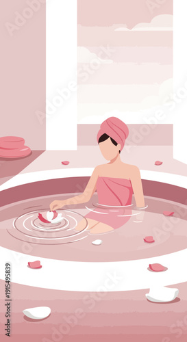 Serene Woman Indulging In A Relaxing Spa Bath With Rose Petals Floating
