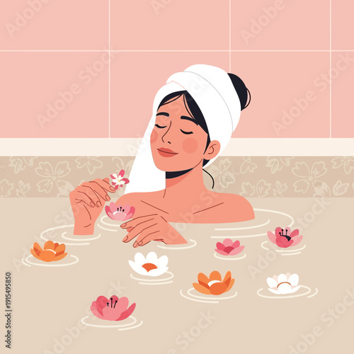Serene Woman Indulging in Floral Bath Relaxation Blissful Spa Experience