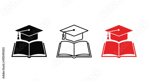 Three graduation caps and open books displayed in black white and red color variations