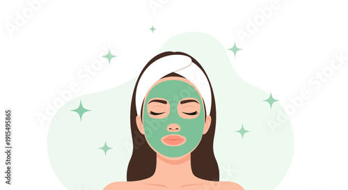 Serene Woman Enjoying A Refreshing Green Face Mask Experience