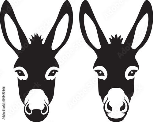Pair of Stylized Black Donkey Heads with Long Ears and Expressive Eyes, Cartoon Style Graphic for Animals or Livestock