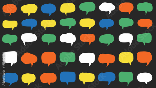 A colorful array of speech bubbles on a dark background for communication and conversation