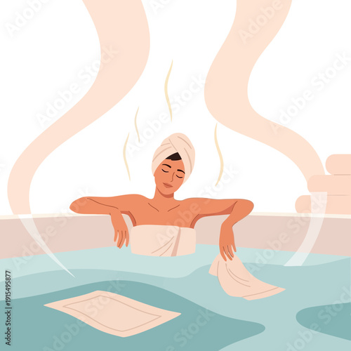 Serene Woman Enjoying A Relaxing Hot Bath With Steam Ascending Gracefully