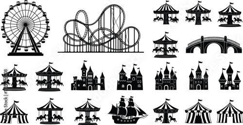Amusement Park Carnival Silhouettes Featuring Ferris Wheel Roller Coaster Carousel Circus Tents Castles and Pirate Ship Vector Set