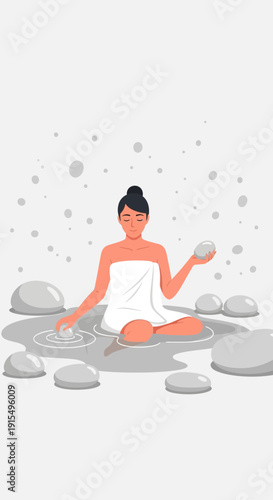 Serene Woman Meditating Amidst Zen Stones And Rippling Water