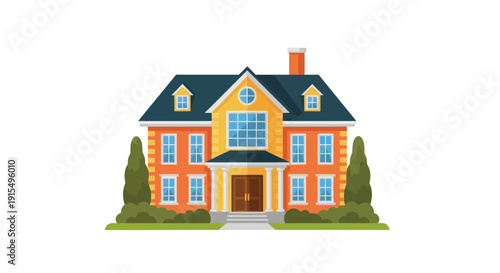 Cartoon Two-Story House Illustration with Blue Roof and Orange Walls.