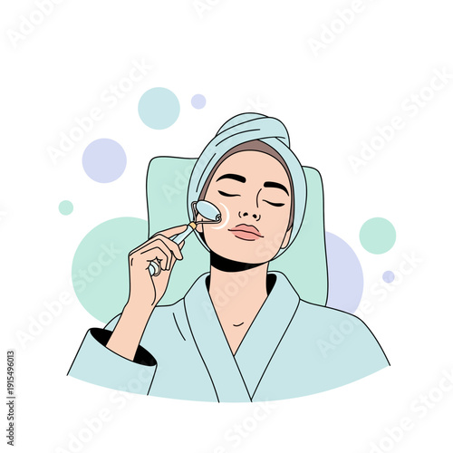 Serene Woman Enjoying Facial Roller Massage Self Care Routine