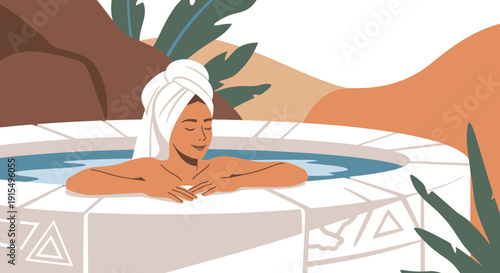 Serene Woman Enjoying Hot Springs Retreat Under Tropical Foliage