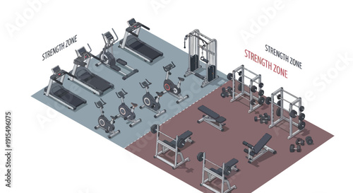 Isometric Gym Layout with Cardio and Strength Zones Fitness Equipment.