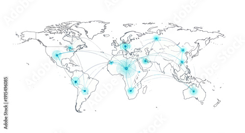 World Map with Highlighted Locations Global Network Visualization Connection Points.