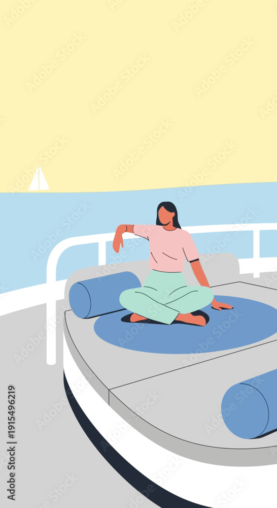 Obraz premium Serene Woman Meditating On A Luxurious Yacht Deck Enjoying Ocean Breeze
