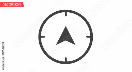 Minimalist navigation arrow vector icon representing a compass or directional indicator for digital maps and location-based applications, perfect for modern interface design
