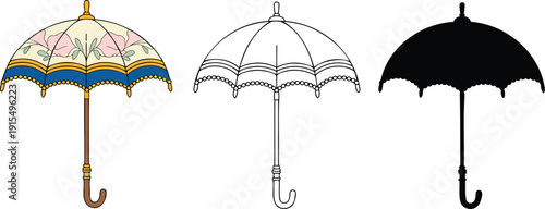 Vintage umbrella silhouette & Outline and illustration set isolated on transparent background