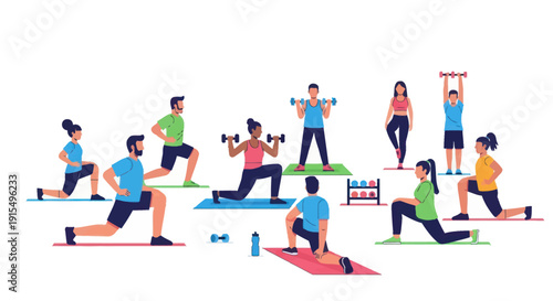 Diverse group of people engaged in various fitness exercises indoors.