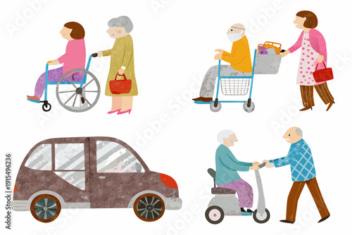 Illustration depicting elderly people receiving assistance with groceries wheelchairs and transportation