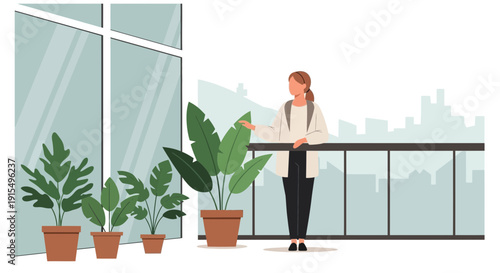 Serene Woman Enjoys City Balcony Oasis With Lush Green Plants
